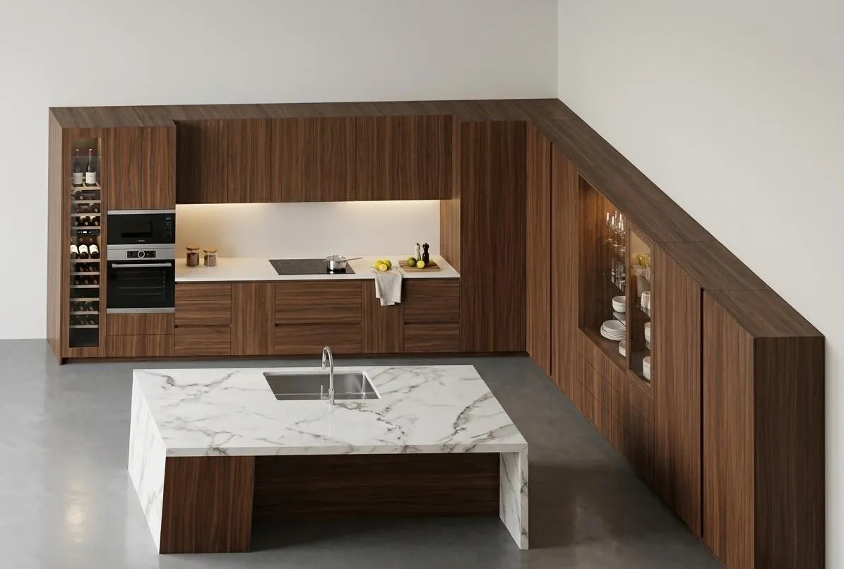 AI design of a kitchen with walnut cabinets, made from the sketch. Design proposal, not a finished project